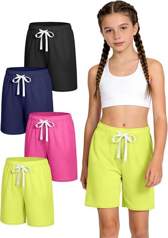 JOCMIC 4 Pack Girls Athletic Shorts Quick Dry for Running Basketball Soccer with Drawstring Pocket in Kuwait