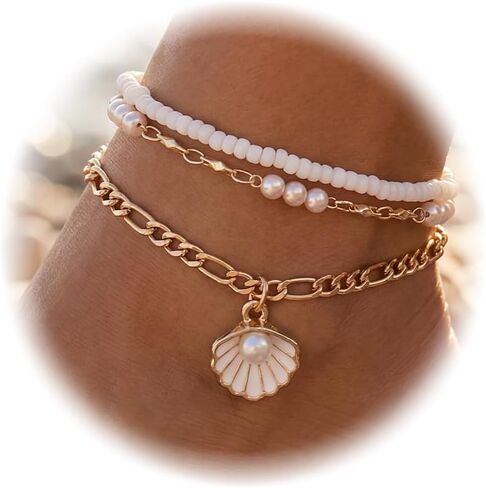 سوار شل الكاحل للنساء قابلة للتعديل الطبقات بالخرز Anklet Starfish Seashell Stack Stretch Stress Onglet Bracelet Beach Foot Foot Jewelry in Saudi Arabia