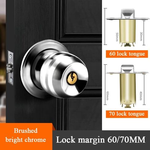 Door Lock,Gate Bolt Stainless,Slide Bolt,Door Knob with Lock and Keys, Ball Stainless Steel Door Lock for Bathroom, Bedroom, Office, Brushed Finish, Door Lock Latch(Size:60/70MM,Color:Brushed bright in Saudi Arabia