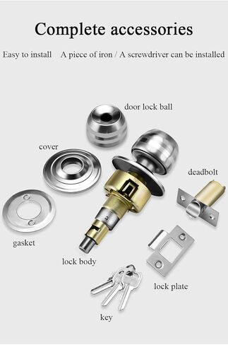 Door Lock,Gate Bolt Stainless,Slide Bolt,Door Knob with Lock and Keys, Ball Stainless Steel Door Lock for Bathroom, Bedroom, Office, Brushed Finish, Door Lock Latch(Size:60/70MM,Color:Brushed bright in Saudi Arabia