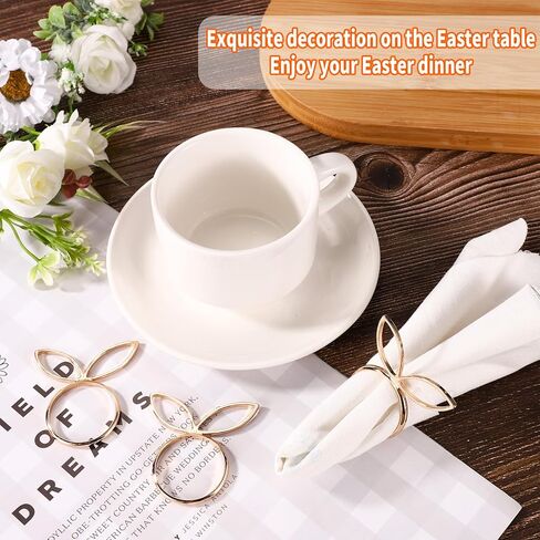 12pcs Easter Bunny Napkin Rings, Gold Rabbit Ear Easter Napkin Holder Cute Serviette Buckles Spring Dinner Table Decoration for Party Wedding Banquet Setting in Saudi Arabia