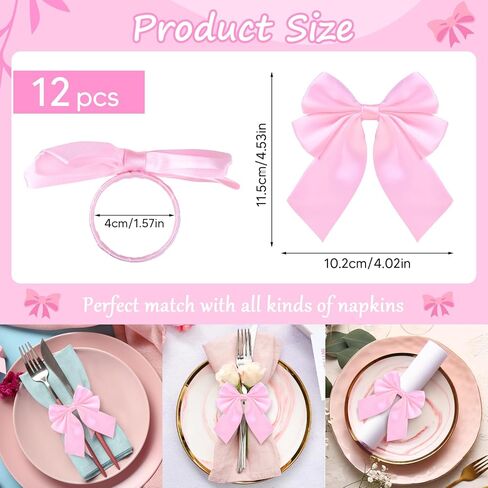 Bow Napkin Ring Set of 12, Pink Napkin Ring Holder Satin Pink Bow Napkin Buckle Bowknot Dinner Table Ring for Bow Party Decorations Coquette Party Bachelorette Bridal Baby Shower Wedding in Kuwait