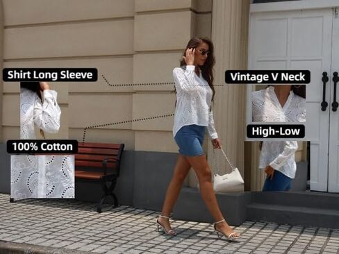 Women's Dressy Causal Tops Long Sleeve V Neck Eyelet Cute Button Down Shirts for Women in Kuwait