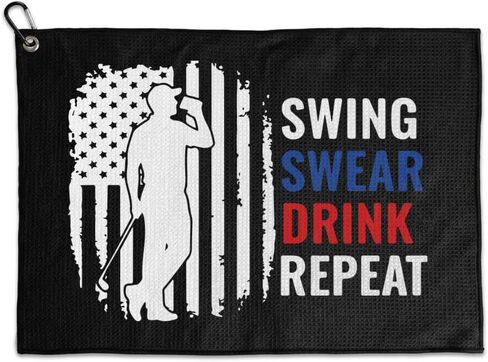منشفة جولف مضحكة من Swing Swear Drink Repeat - منظف نادي من الألياف الدقيقة من نسيج الوافل مقاس 16 × 24 - منشفة حقيبة جولف مطبوعة بدقة عالية مع مشبك، هدية جولف مرحة للرجال والنساء in Saudi Arabia