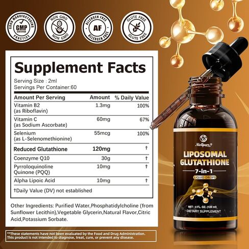 7-in-1 Liposomal Glutathione Liquid – 4 Fl. Oz – Glutathione Supplement with PQQ, CoQ10, Vitamin C & B2 – Antioxidant for Immune & Energy Support – 60 Day Supply in Saudi Arabia