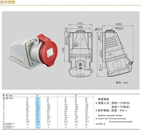Industrial socket connector TYPR6618 mounted 16A 4-core three-phase four-wire in Kuwait