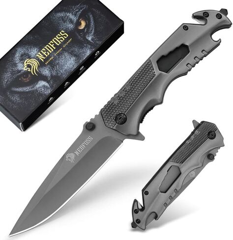 NedFoss FA48 Pocket Knife for Men, 5-in-1 Multitool Folding Knife with Frame-Lock, Bottle Opener, Glass Breaker, Seatbelt Cutter and Wrench, Survival Knife for Emergency Rescue, Camping, Work in Kuwait