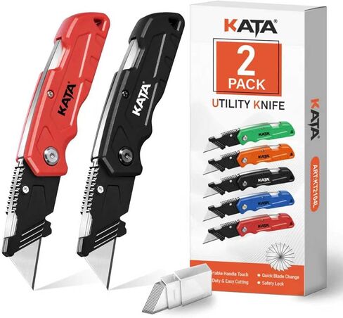 KATA Folding Utility Knife 4-Pack, Heavy Duty Box Cutter with Pocket Clip, Fixed Blade Safety Knife, Quick-Change Razor, Includes 20 Extra SK5 Blades Cutting for Cardboard, Carpet, Rope & DIY in Kuwait