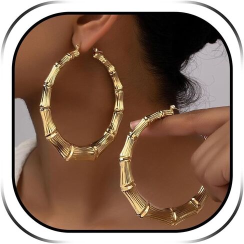 Bamboo Earrings for Women 90s Chunky Gold Hoop Earrings Exaggerated Retro Bamboo Hoop Earring Halloween Costume Trendy Gifts in Saudi Arabia