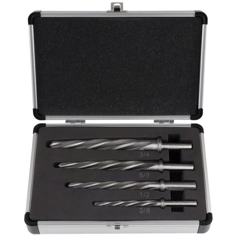 High Speed Steel Tapered Reamer Drill Bit Set, 4 Pcs, 5 Flute, Sizes: 3/8, 1/2, 5/8, 3/4 in, Aluminum Case Included in Saudi Arabia