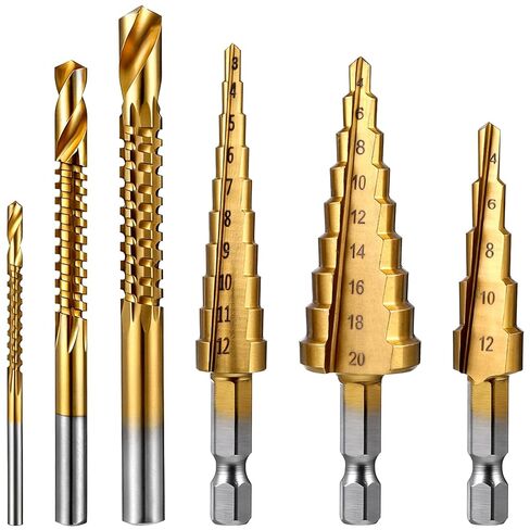 6PCS Step Drill Bit Set, Titanium Coated High Speed Steel Metal Drill Bits, Multiple Sizes Short Length Twist Drills Bits for Drilling Plastics, Wood, Thin Metal Sheets, Aluminum, DIY Enthusiasts in Saudi Arabia
