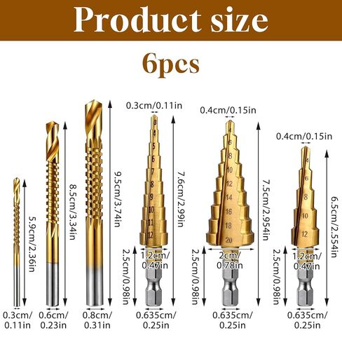6PCS Step Drill Bit Set, Titanium Coated High Speed Steel Metal Drill Bits, Multiple Sizes Short Length Twist Drills Bits for Drilling Plastics, Wood, Thin Metal Sheets, Aluminum, DIY Enthusiasts in Saudi Arabia