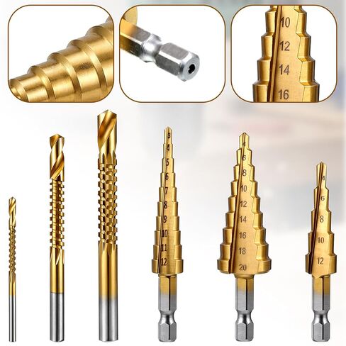 6PCS Step Drill Bit Set, Titanium Coated High Speed Steel Metal Drill Bits, Multiple Sizes Short Length Twist Drills Bits for Drilling Plastics, Wood, Thin Metal Sheets, Aluminum, DIY Enthusiasts in Saudi Arabia