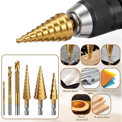 6PCS Step Drill Bit Set, Titanium Coated High Speed Steel Metal Drill Bits, Multiple Sizes Short Length Twist Drills Bits for Drilling Plastics, Wood, Thin Metal Sheets, Aluminum, DIY Enthusiasts in Saudi Arabia
