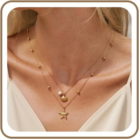 Seashell Necklace Summer Gifts for Women Layered Starfish Necklace Pearl Shell Leaves Beach Charm Necklaces Holiday Birthday Gifts Jewelry Trendy Stuff in Kuwait