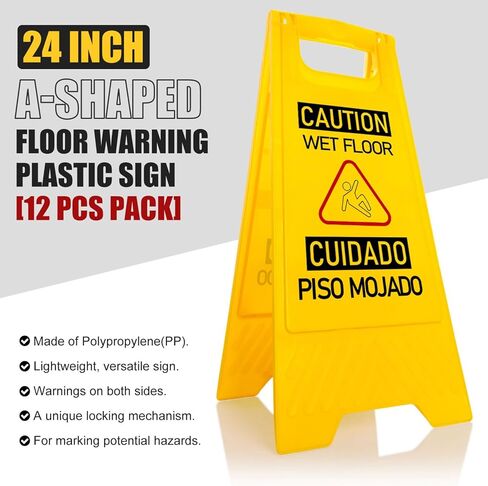 12-Pack Bilingual Caution Wet Floor Signs, A-Frame Double-Sided Warning Signs for Indoor & Outdoor Commercial Use, Foldable & Sturdy for Kitchen, Pool, Hotel and Workplace Safety in Saudi Arabia
