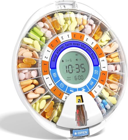 موزع حبوب الدواء الأوتوماتيكي من الجيل الثاني من Betife لكبار السن مع منبه - 28 فتحة، مفتاح مغلق، منبه وتذكير بالضوء، مقاوم للخلط، شاشة مقاس XL، 6 حلقات جرعة، إعداد سهل للأدوية اليومية in Kuwait