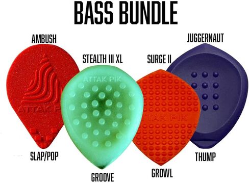 حزمة اختيار جيتار Acoustik Attak Bass - 4 اختيارات لتشكيل النغمات من أجل الصفعة والزمجرة والضرب والدقة | كمين + Stealth III XL + Surge II + Juggernaut | قبضة مضادة للانزلاق، نايلون متين (16 قطعة) in Saudi Arabia