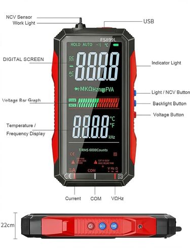 Rechargeable Digital Multimeter 6000 Counts True RMS Smart Tester with 5-Inch Screen, Auto-Range, NCV Detection, Capacitance & Temperature for Home Automotive Industrial Electrical Repairs (Red) in Saudi Arabia