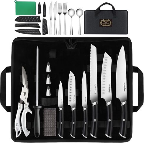MOSFiATA Kitchen Knife Set, 12 Pcs Japanese Stainless Steel Knife Sets for Kitchen with Oxford cloth storage bag with Knife Sharpening Rod, Dishwasher Safe, For Outdoor in Kuwait