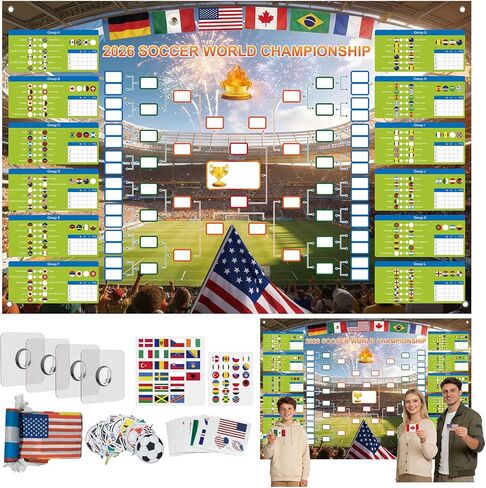 GAMSOD 2026 World Cup Schedule Poster – 39x59 Inches Tournament Bracket Wall Chart with Reusable National Flags Sticker& Hooks, DIY Predict Game Results, Great Soccer Fan Gift for Game Day Party in Saudi Arabia