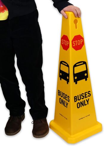 SmartSign 4-Sided Stop Buses Only Cone Sign with Symbols - 12.5" x 36", Tough Molded Plastic, Stackable Traffic Safety Cones, Insert Slots for Easy Use, 360-Degree Visibility, Yellow in Saudi Arabia