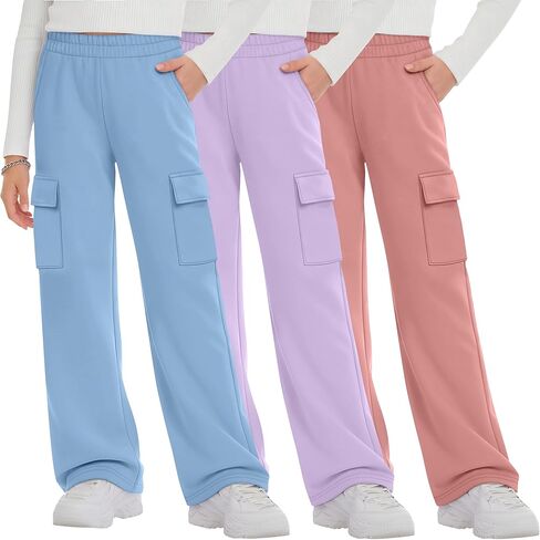 3 Pack Girls' Cargo Sweatpants Elastic Waist Straight Leg Joggers Athletic Casual Basic Pants with 4 Pockets in Saudi Arabia