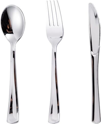 N9R 120 قطعة من أدوات المائدة البلاستيكية الفضية، مجموعة أدوات مائدة بلاستيكية فضية أدوات مائدة للاستعمال مرة واحدة - 60 شوكة، 30 ملعقة، 30 سكينًا لحفلات الزفاف، والحفلات، وأعياد الميلاد، والاستخدام اليومي in Kuwait