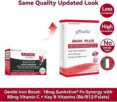 Gentle Iron Supplement for Women Men: Slow Release Iron Pills Clinically Shown to Support Increase Iron Levels Patented SunActive Tech, with Vitamin C, B12, B6 & Folic Acid,18 mg,20 Tablets in Saudi Arabia