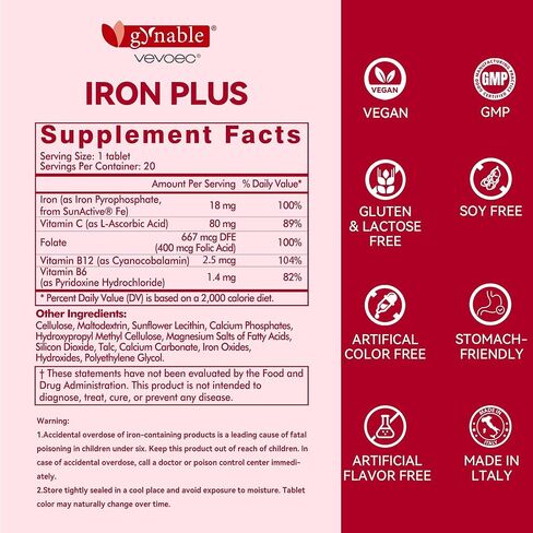Gentle Iron Supplement for Women Men: Slow Release Iron Pills Clinically Shown to Support Increase Iron Levels Patented SunActive Tech, with Vitamin C, B12, B6 & Folic Acid,18 mg,20 Tablets in Saudi Arabia