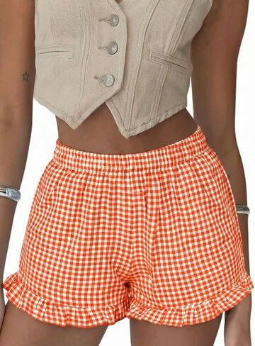 Aoulaydo Womens Y2K Pajamas Shorts Gingham Pj Boxer Shorts Plaid Lounge Shorts Sleep Bottoms with Pockets Orange in Kuwait