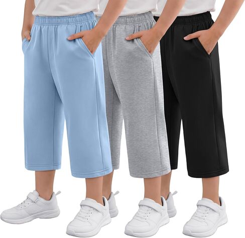 3 Pack Boys Capri Pants Kids Pull On Capris Elastic Waist 3/4 Sweatpants Below Knee Loose Shorts with Pockets in Kuwait