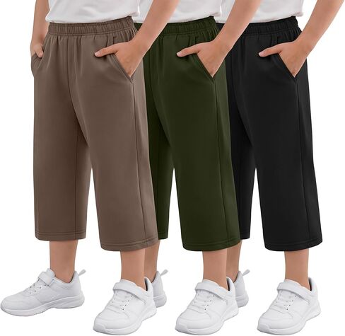 3 Pack Boys Capri Pants Kids Pull On Capris Elastic Waist 3/4 Sweatpants Below Knee Loose Shorts with Pockets in Saudi Arabia