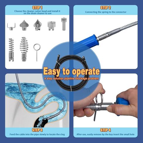 ثعبان الصرف الصحي، أوجير الصرف مع ملحق المثقاب، 16.4 قدم × 12 مم، ثعبان السباكة ذو التغذية التلقائية، مزيل انسداد تصريف الشعر المرن للمطبخ، الحمام وحوض الدش in Kuwait