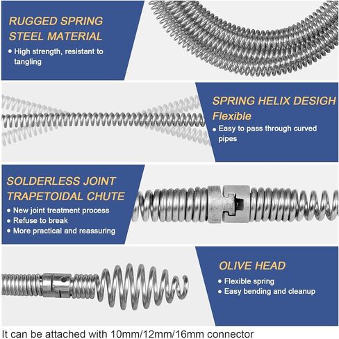ثعبان الصرف الصحي، أوجير الصرف مع ملحق المثقاب، 16.4 قدم × 12 مم، ثعبان السباكة ذو التغذية التلقائية، مزيل انسداد تصريف الشعر المرن للمطبخ، الحمام وحوض الدش in Kuwait