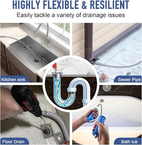 ثعبان الصرف الصحي، أوجير الصرف مع ملحق المثقاب، 16.4 قدم × 12 مم، ثعبان السباكة ذو التغذية التلقائية، مزيل انسداد تصريف الشعر المرن للمطبخ، الحمام وحوض الدش in Kuwait
