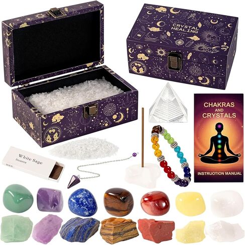20Pcs Crystals and Healing Stones Set - 14Pcs Chakra Stones,Spirit Pendulum,Crystal Pyramid,300gCrystal Chips,Hand Bell,Gift Box,Instruction Guide - Gifts for Women (22 pcs) in Saudi Arabia