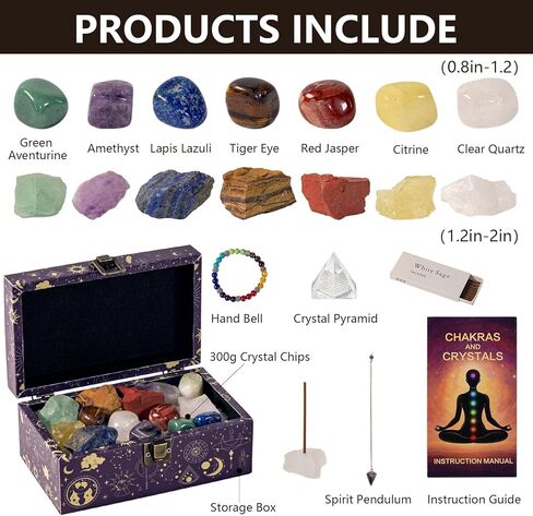20Pcs Crystals and Healing Stones Set - 14Pcs Chakra Stones,Spirit Pendulum,Crystal Pyramid,300gCrystal Chips,Hand Bell,Gift Box,Instruction Guide - Gifts for Women (22 pcs) in Saudi Arabia
