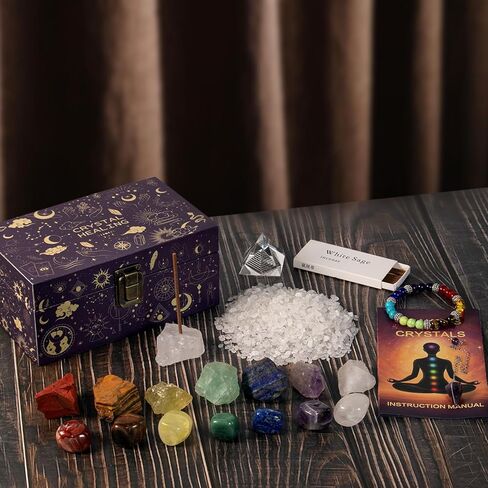 20Pcs Crystals and Healing Stones Set - 14Pcs Chakra Stones,Spirit Pendulum,Crystal Pyramid,300gCrystal Chips,Hand Bell,Gift Box,Instruction Guide - Gifts for Women (22 pcs) in Saudi Arabia