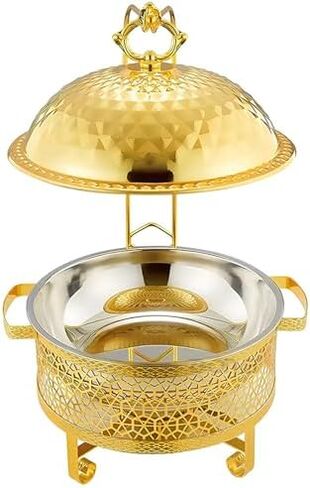 Buffet Hot Pot Holding Set - Round Stainless Steel Frying Pan Tray with Hanging Lid & Fuel Rack, 8.0L Gold Buffet Equipment for Parties & Events in Saudi Arabia