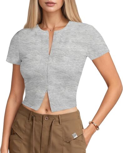 Womens Summer Basic Tops Double Zipper Short Sleeve T Shirts Y2K Crop Tops Business Casual Going Out Tops in Kuwait