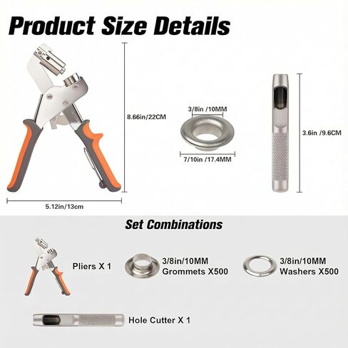 Grommet Tool Kit with 500 Pcs 3/8 Inch Eyelets, Manual Grommet Press Plier with Hole Punch, 250 Silver & 250 Gold Grommets for Tarp, Canvas, Banner, Fabric, Vinyl and Leather Craft in Saudi Arabia