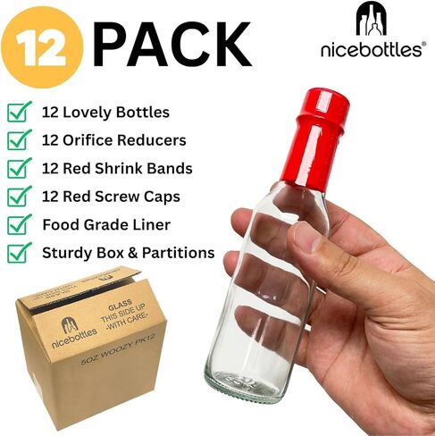 زجاجات صلصة ساخنة من Nicebottles مع أغطية حمراء وأشرطة قابلة للانكماش، 5 أونصة - 12 عبوة in Kuwait
