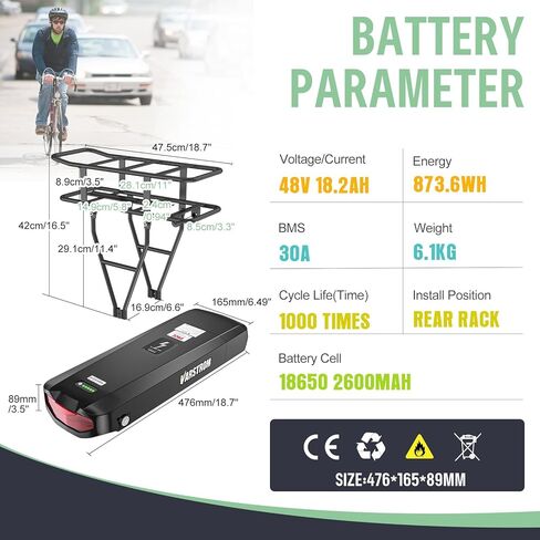 بطارية 48V18.2Ah للرف الخلفي للدراجة الإلكترونية بطارية ليثيوم 874 وات في الساعة مع منفذ USB لمجموعة تحويل الدراجة الإلكترونية 0-1200 وات، متوافقة مع مجموعة Bafang Mid Drive ومحرك المحور الآخر in Kuwait