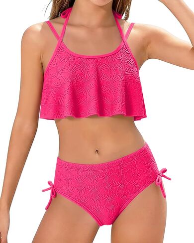 Girls Swimsuit 2 Piece Flounce Bikini Sets Halter Adjustable Straps Bathing Suit Floral Girls' Swimwear 7-16Y in Saudi Arabia