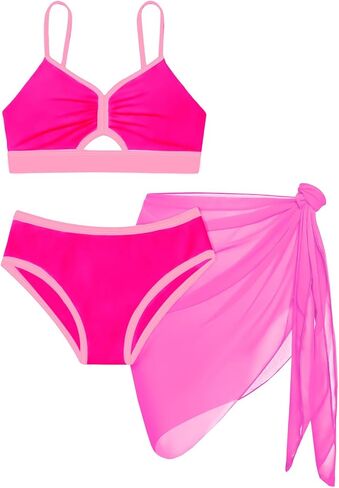 طقم بيكيني للفتيات مكون من 3 قطع برقبة على شكل حرف V مع تنورة شبكية تغطي اللون وبدلات استحمام للفتيات المراهقات in Kuwait