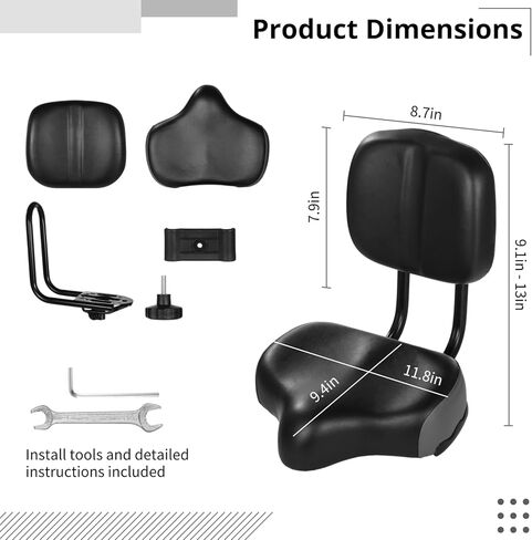 Bike Seat with Backrest - Oversized Bicycle Saddle with Back Support, Wide Bike Padded PU Cushion Saddle, Universal Saddle Replacement for Tricycle, Height Adjustable, Black-Gray in Saudi Arabia