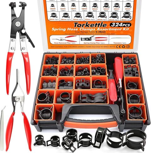 324Pcs 6-38mm Spring Band Hose Clamp Assortment Kit, 23 Sizes Black Pipe Clip for Fuel Line, Silicone Hose, Air Tube,Water Pipe Fasteners with Clamp Plier, Hose Removal Plier and Tweezers in Kuwait