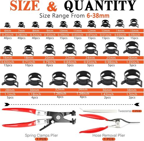 324Pcs 6-38mm Spring Band Hose Clamp Assortment Kit, 23 Sizes Black Pipe Clip for Fuel Line, Silicone Hose, Air Tube,Water Pipe Fasteners with Clamp Plier, Hose Removal Plier and Tweezers in Kuwait
