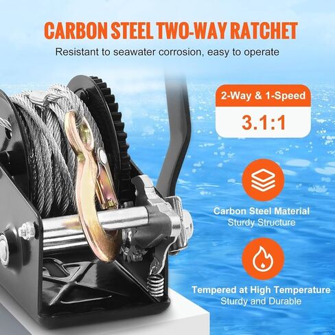 800LB Marine Hand Winch, Boat Trailer Puller with 33FT Steel Wire Cable & Two-Way Ratchet System, Heavy-Duty Hand Crank for Hauling and Lifting in Saudi Arabia